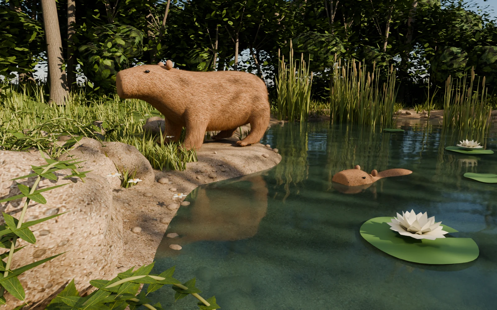 A quiet wetland with capybaras resting beside the water.